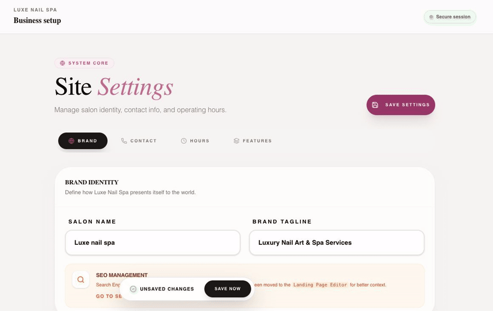 Admin setup walkthrough showing identity, contact, timezone, and save steps